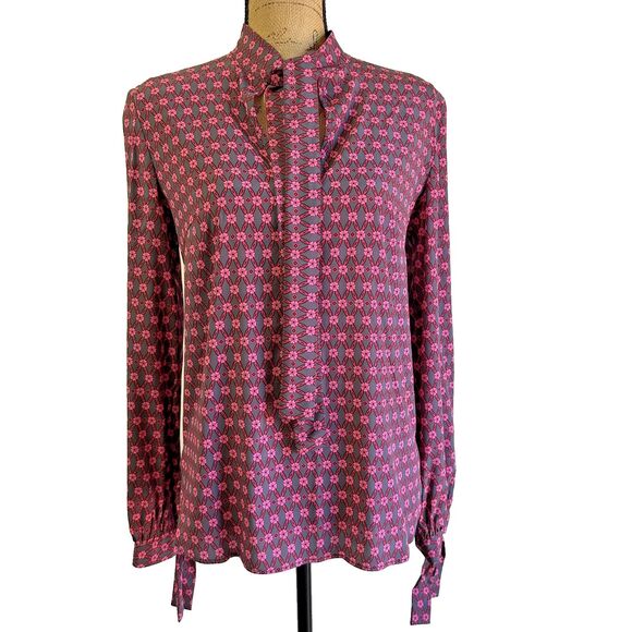 P.A.R.O.S.H. Women’s Pink Floral Long Sleeve Tie Neck Silk Blouse Sz M Italy - Picture 1 of 11